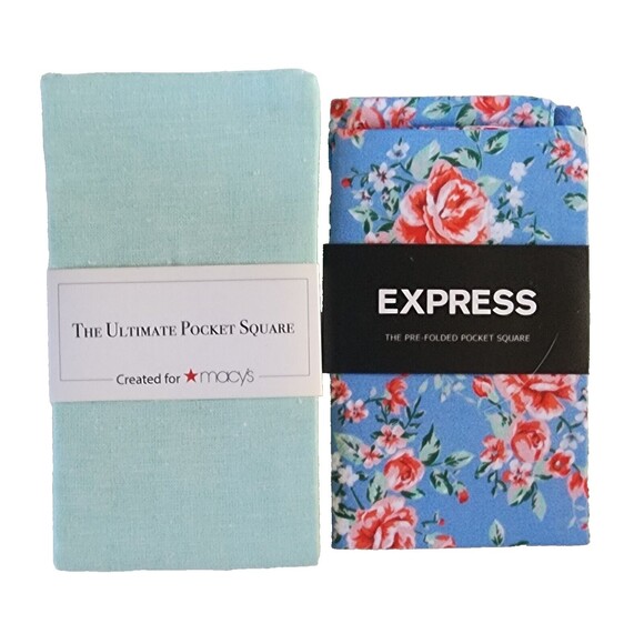 2-Pack, Express & Macy's Pre-Folded Pocket Squares Blue Floral & Mint Green - Picture 1 of 4